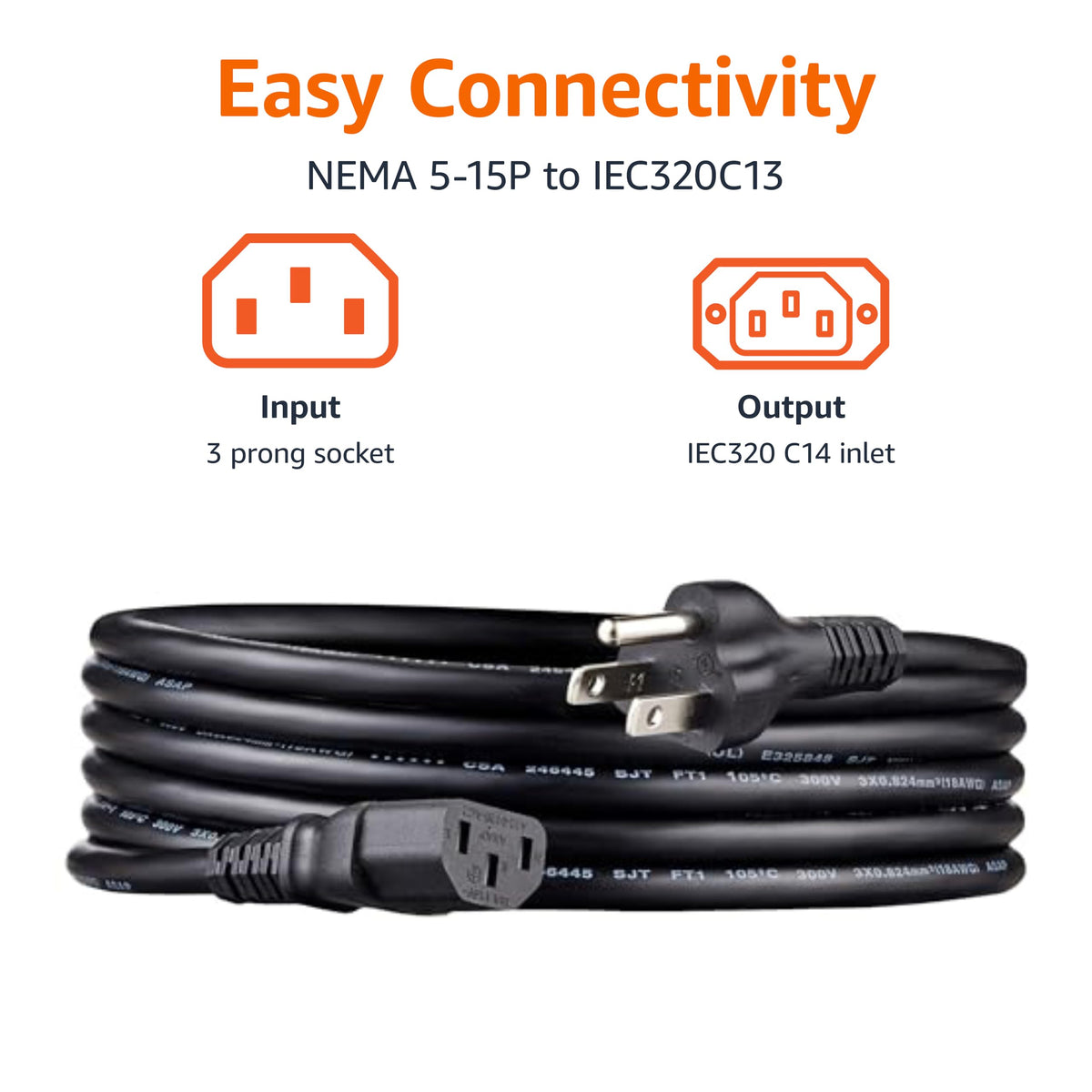 Amazon Basics Replacement Power Cord for Computer, Monitor, TV, Printer, PC, 3 Prong, 18 AWG, 125 Volts, 10 Feet, Black