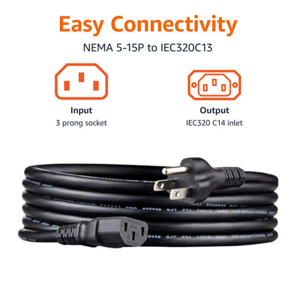Amazon Basics Replacement Power Cord for Computer, Monitor, TV, Printer, PC, 3 Prong, 18 AWG, 125 Volts, 10 Feet, Black