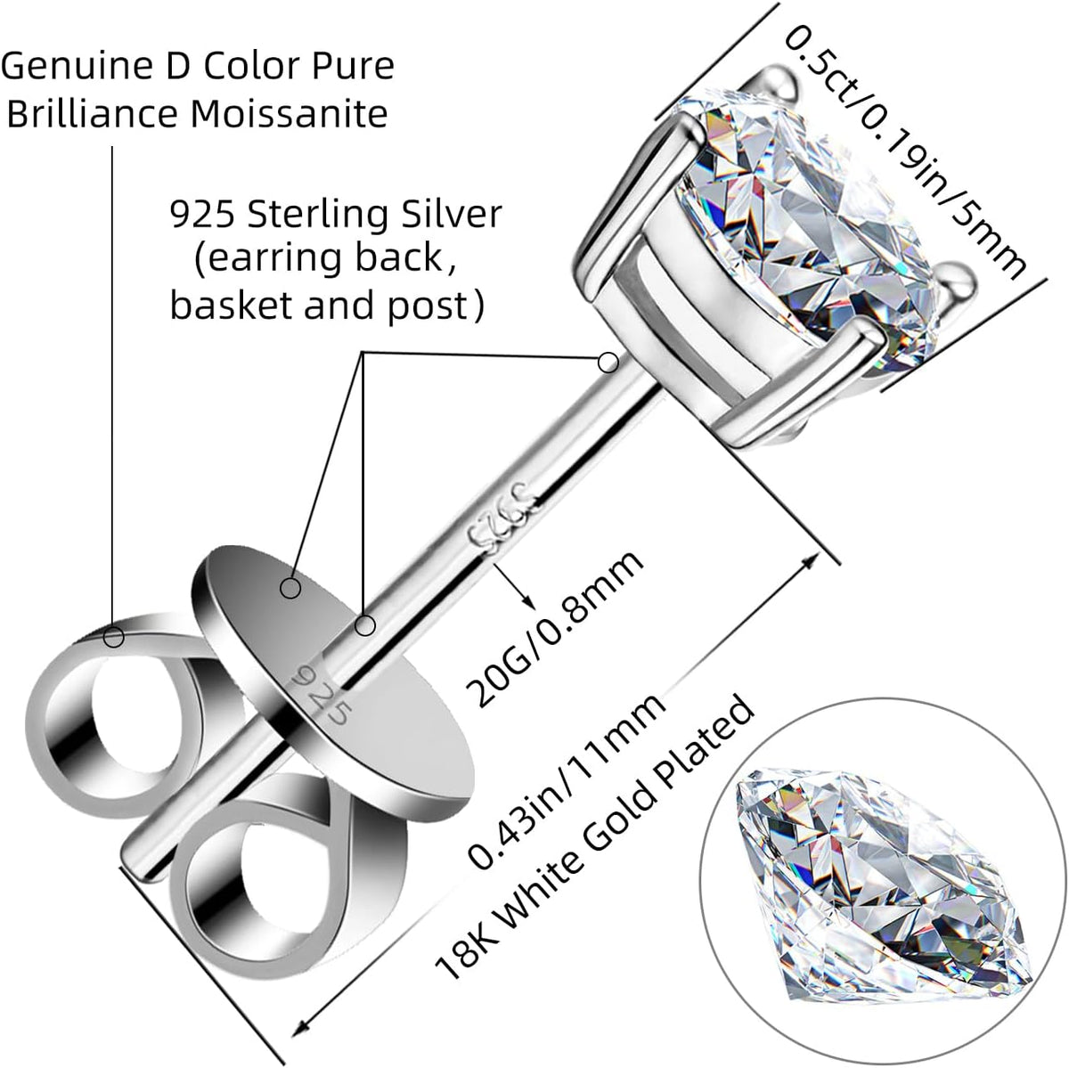 Moissanite Stud Earrings GRA 925 Sterling Silver Earrings for Men