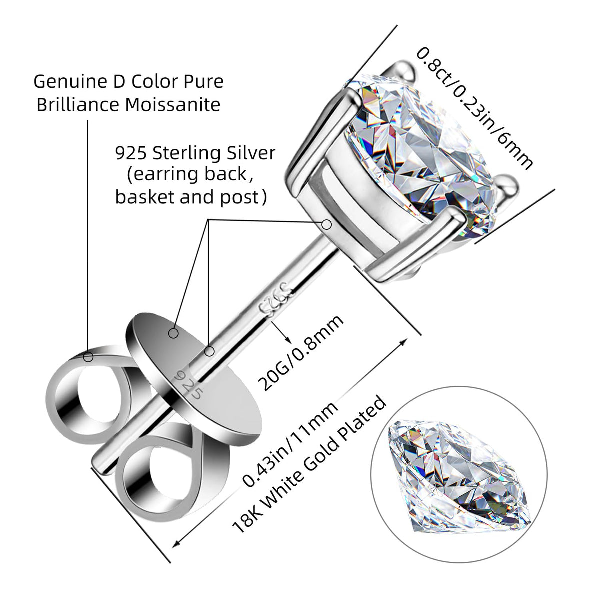 Moissanite Stud Earrings GRA 925 Sterling Silver Earrings for Men