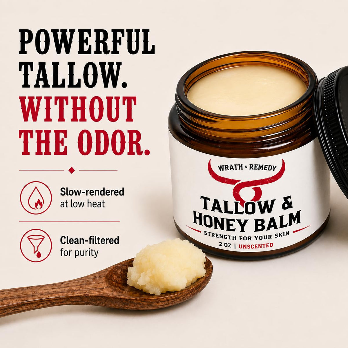 Wrath & Remedy Beef Tallow and Honey Balm, Handcrafted, Unscented, 4 oz