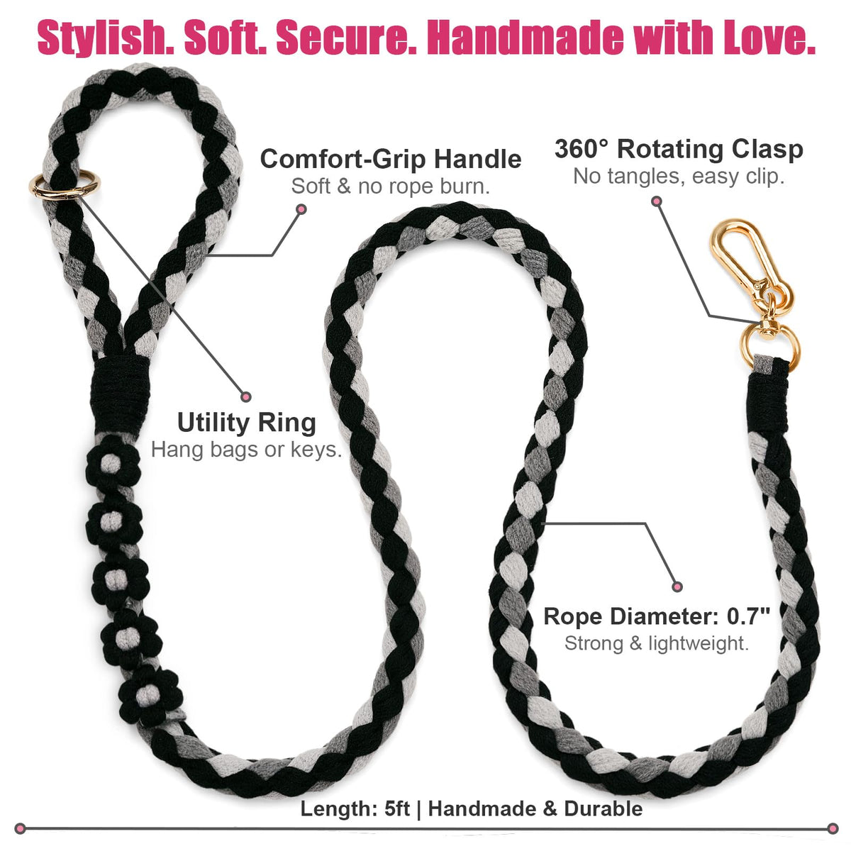 5FT Braided Cotton Rope Leash for Small, Medium and Large Dogs, Red & White Twist