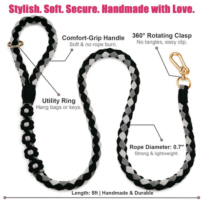 5FT Braided Cotton Rope Leash for Small, Medium and Large Dogs, Red & White Twist