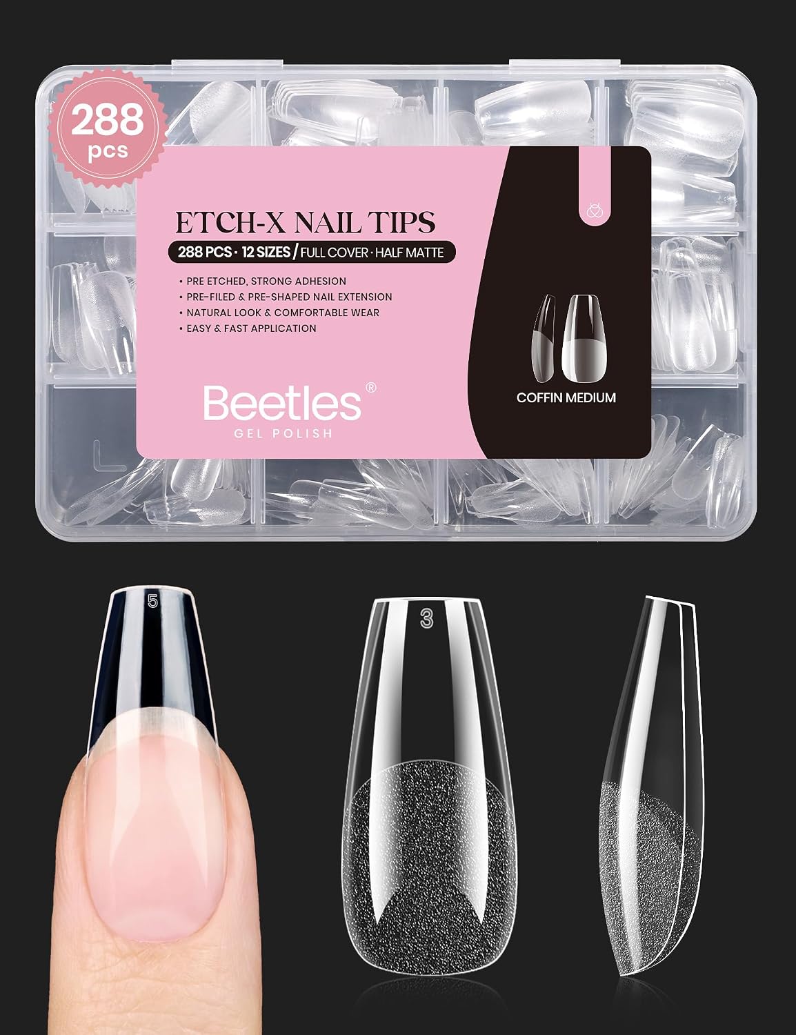Beetles Soft Gel Nail Kit Almond Short 288pcs 12 Sizes Nail Tips with Glue