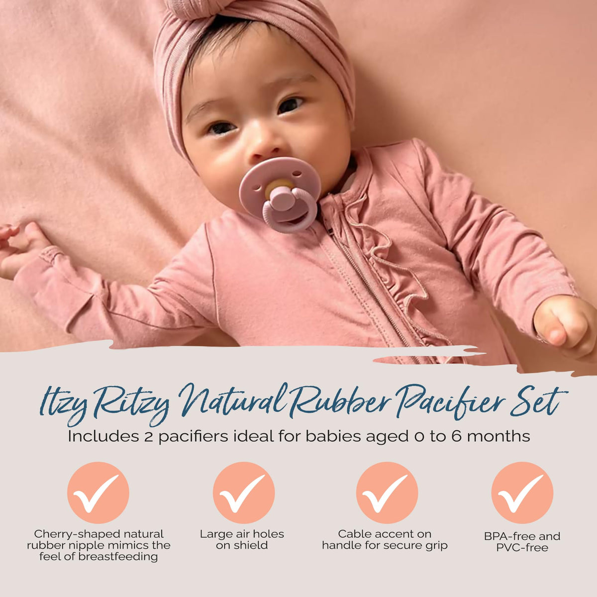 Itzy Ritzy Natural Rubber Pacifiers for 0–6 Mos, Set of 2, Blossom/Rosewood