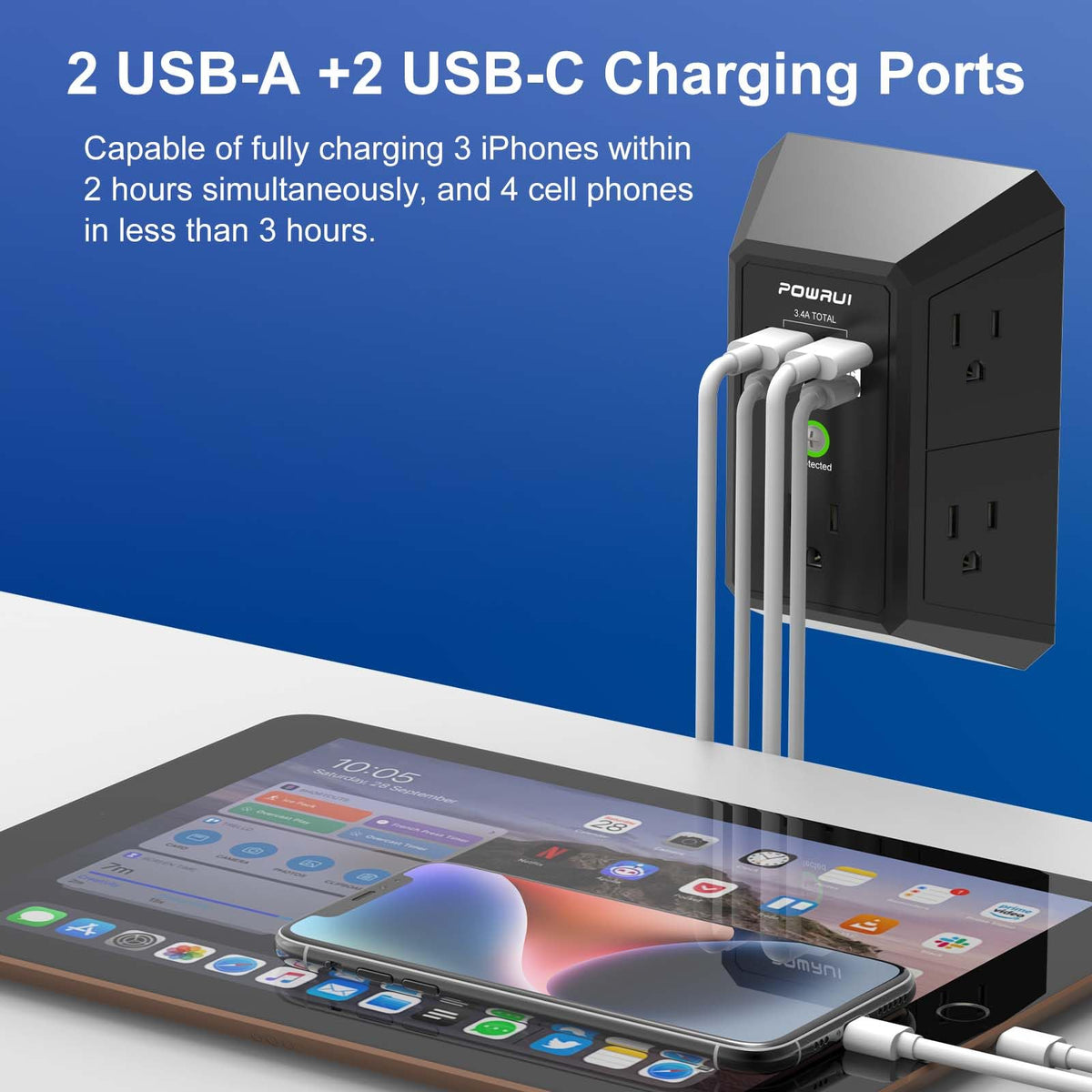 Multi Plug Wall Outlet Night Light, POWRUI 6 Outlet Extender & 3 USB Ports