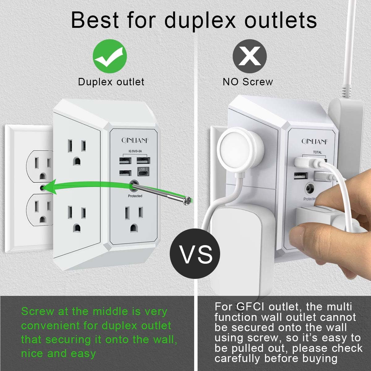 Surge Protector, QINLIANF 5 Outlet Extender with 4 USB Ports(2USB-C)