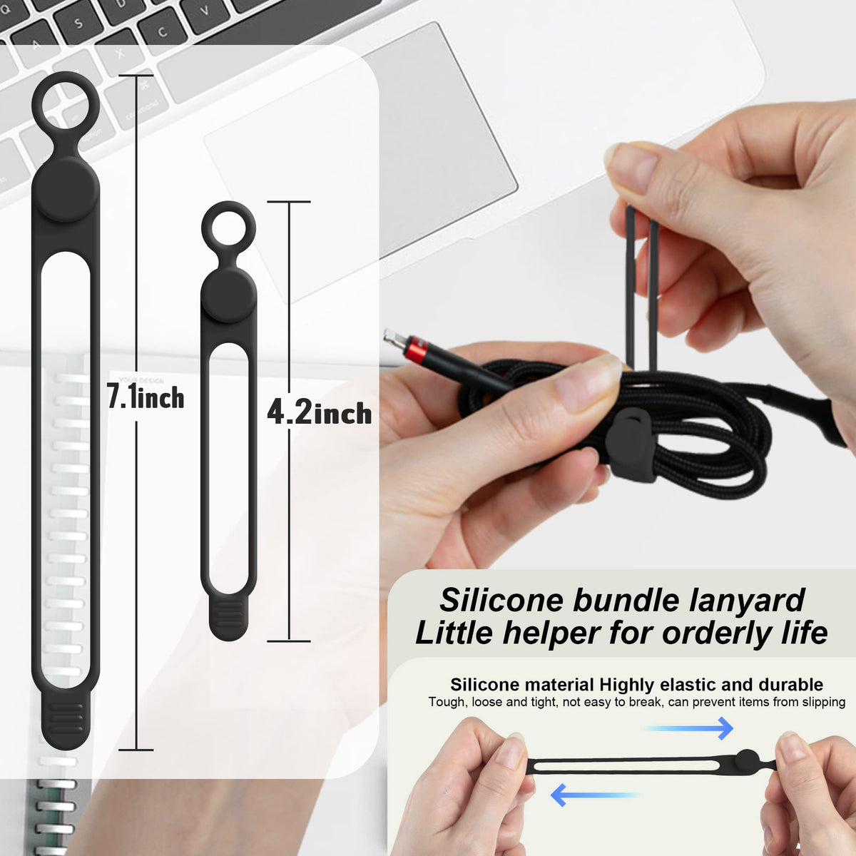 Silicone Cable Ties, Cord Organizer Cable Management,2Sizes-Grey