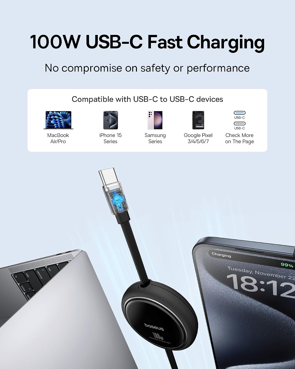 Baseus USBC to USBC Cable, 100W Retractable USB C 5A Fast Charging Cable PD3.1 140W USB C Charger, PPS Fast Charger Type C, Fast Charging Block