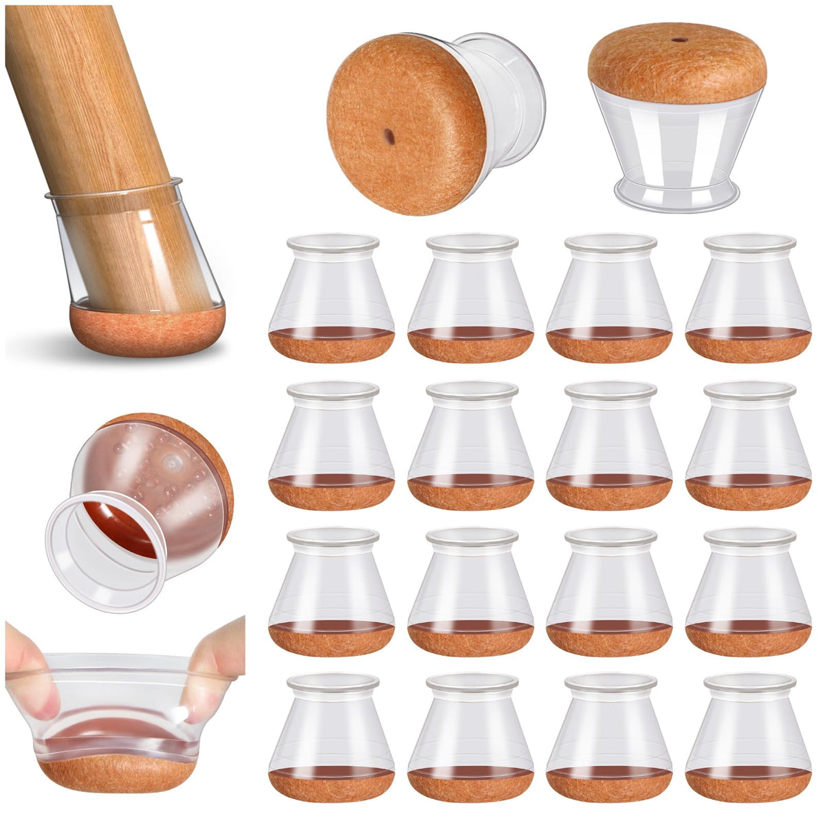Square Chair Leg Floor Protectors, 16 Pcs, Large Clear