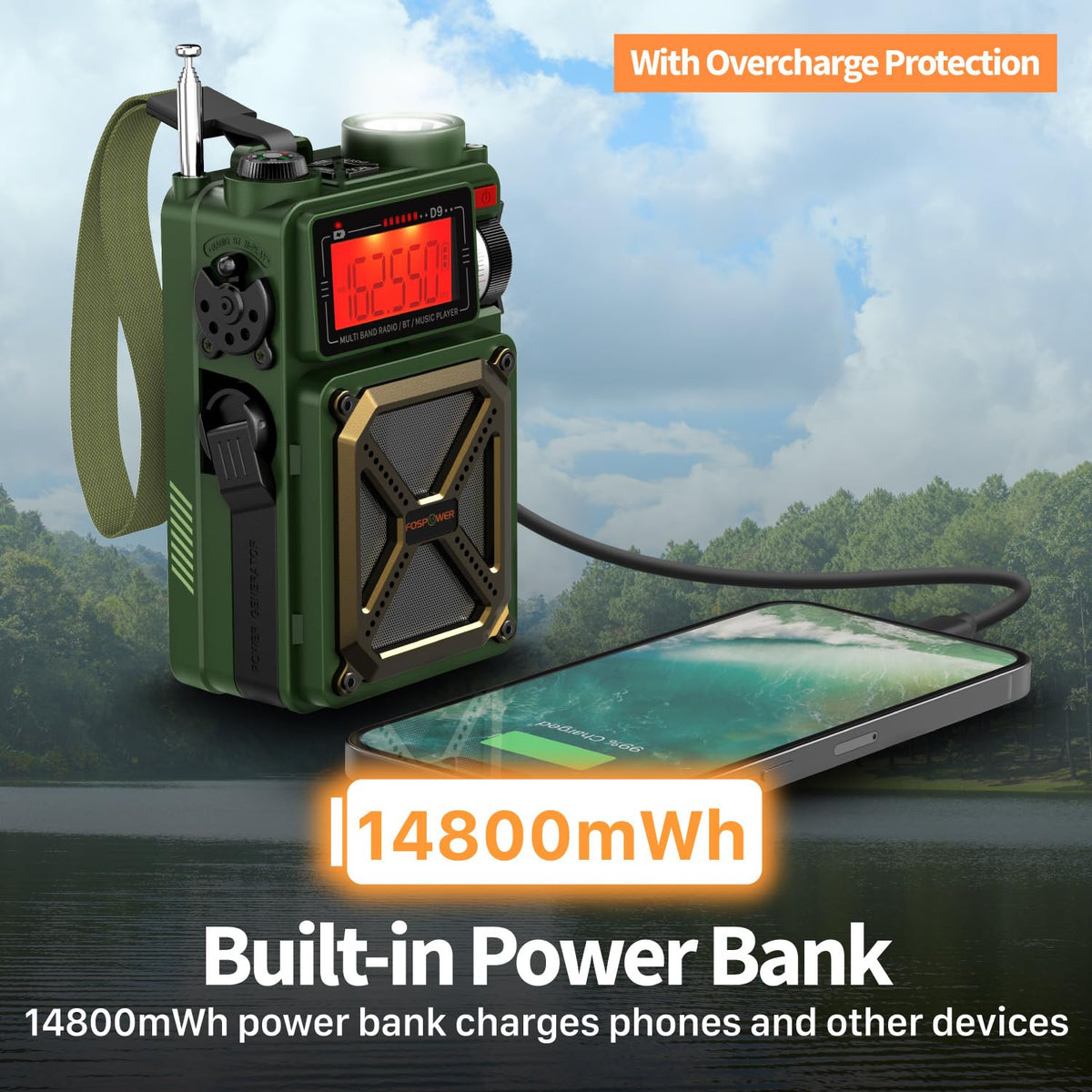 FosPower NOAA Emergency Weather Radio D8 37000mWh Portable Power Bank, AM/FM, USB/Solar/Hand Crank Charging, SOS Alarm & Flashlight for Indoor/Outdoor Emergency - Orange