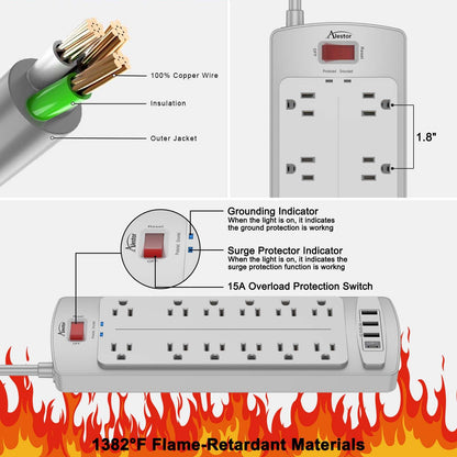 ALESTOR 10 Ft Surge Protector Power Strip with 12 Outlets and 4 USB Ports
