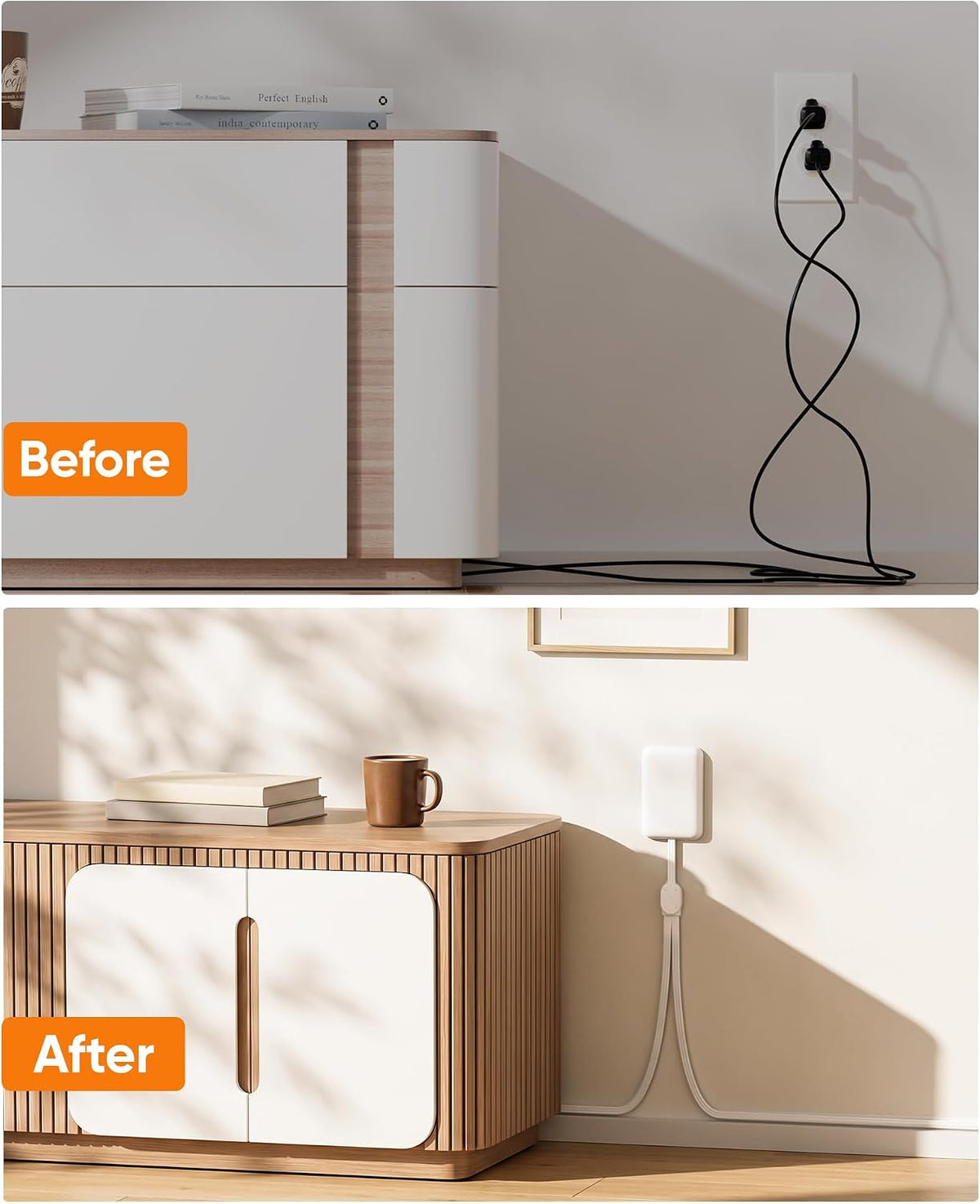 Split Extension Cord with Outlet Cover (10FT, Dual 5FT), Flat Plug Power Strip with 6 Outlets and 3 USB Ports, Outlet Extender for Tight Spaces