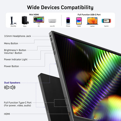 MNN 15.6" 4K Portable Monitor, UHD IPS, USB-C HDMI, with Smart Cover Stand