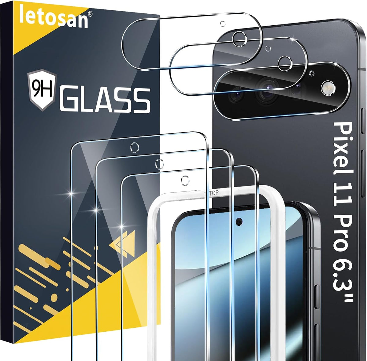 letosan 3 Pack for Google Pixel 11 Pro Screen Protector Tempered Glass + 3 Pack Camera Lens Protector, Military Grade Shatterproof, 9H Hardness, Fingerprint Unlock,Case Friendly 6.3 Inch