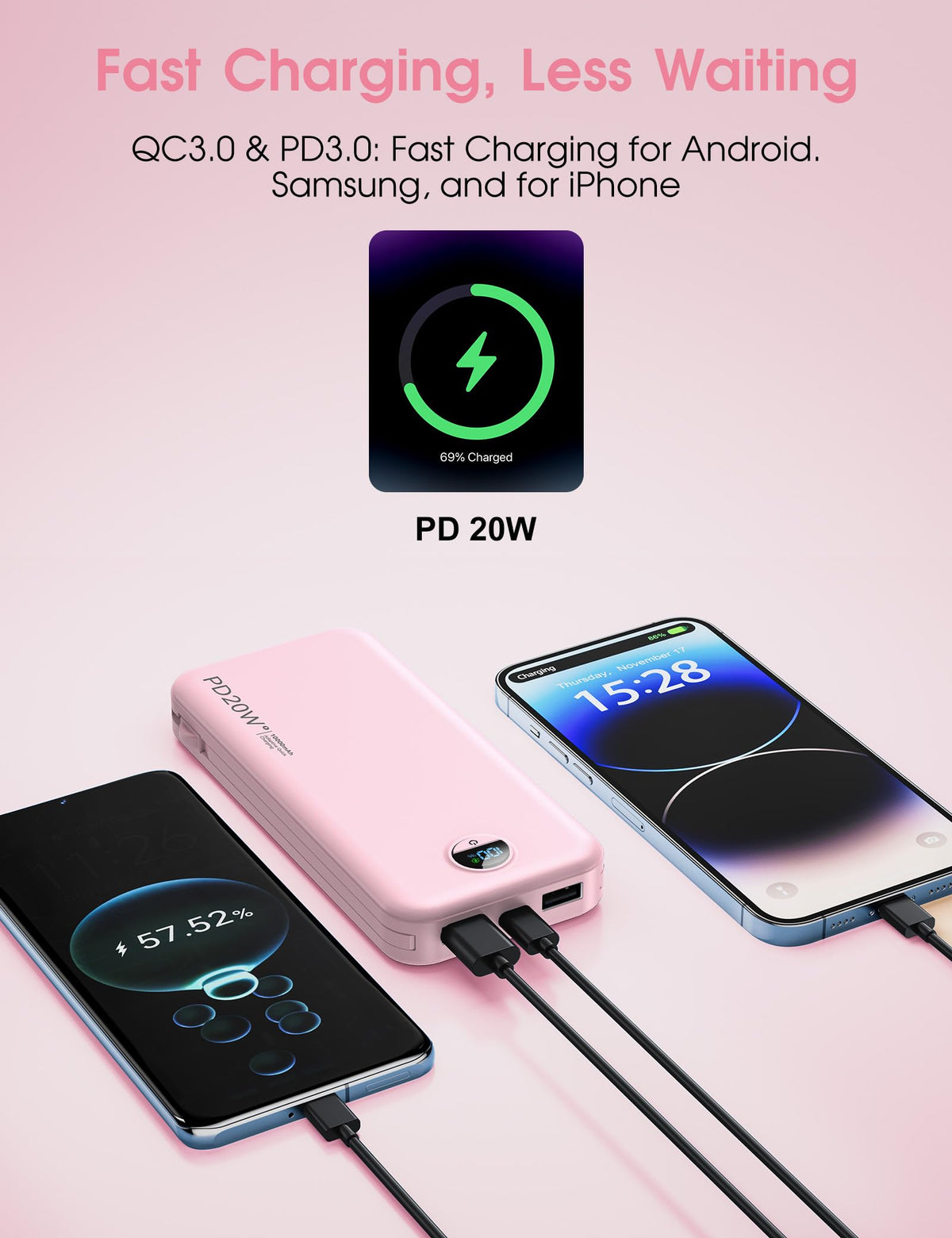 citicr Portable Charger 10000mAh PD20W w/Built-in Cables & Wall Plug Purple
