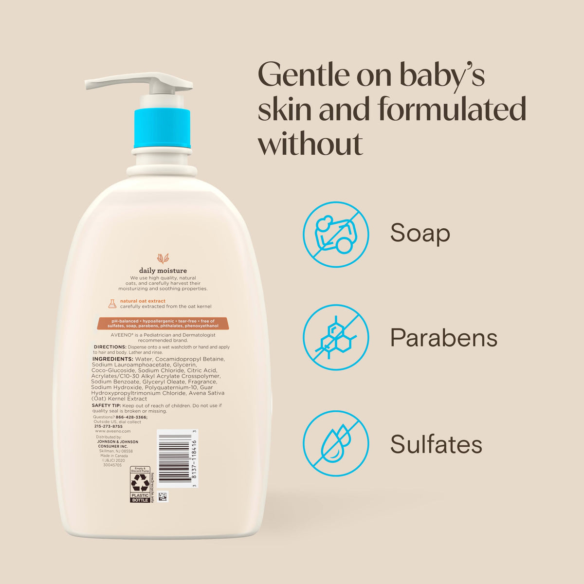 Aveeno Baby Daily Moisture Wash & Shampoo, Tear-Free, 18 fl. oz