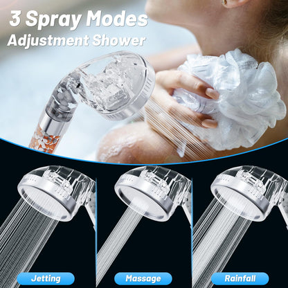 VEHHE High Pressure Shower Head with Filter Beads, 3 Spray Modes
