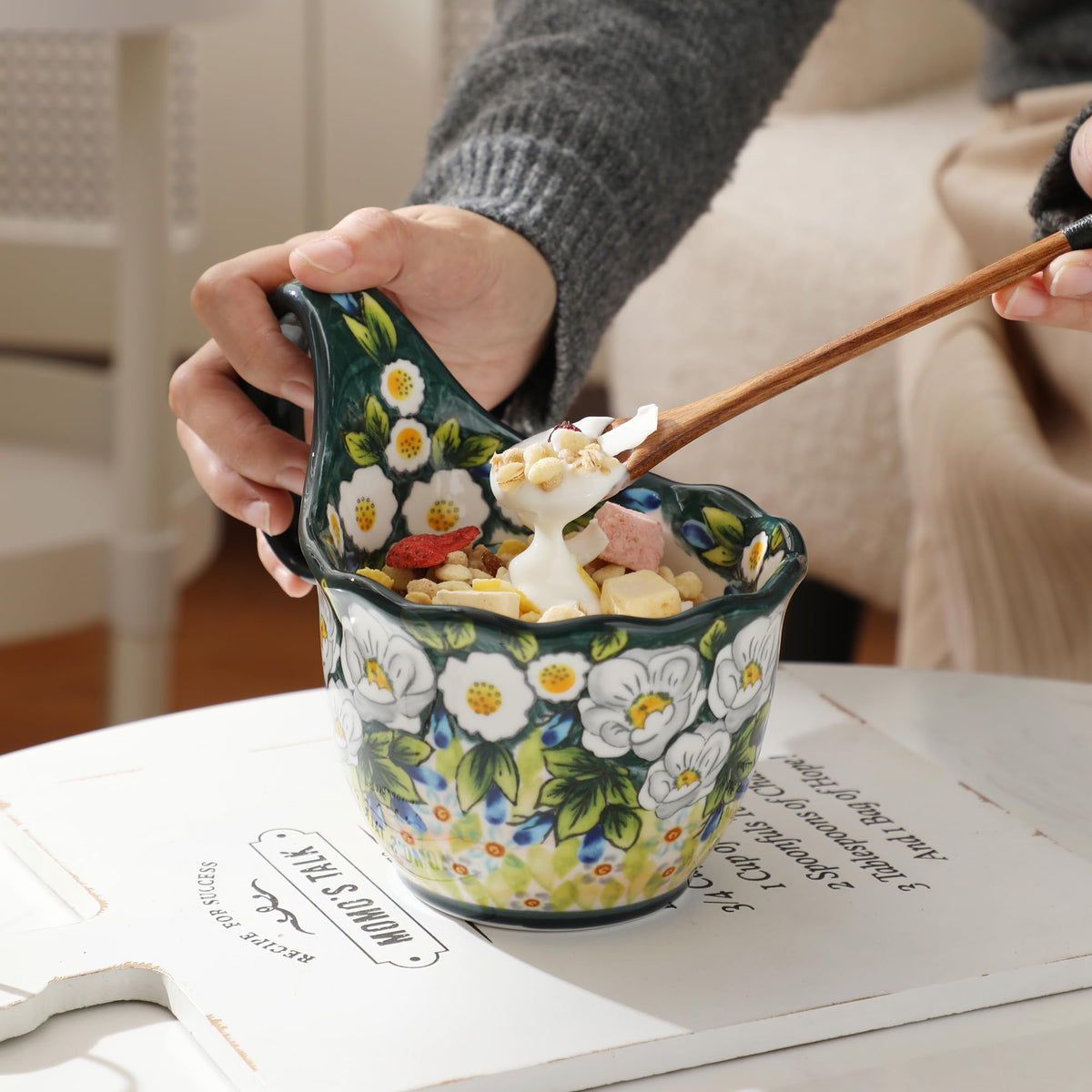 ALMA Handpainted Soup Bowl with Large Loop Handle,Easier Secure Grip