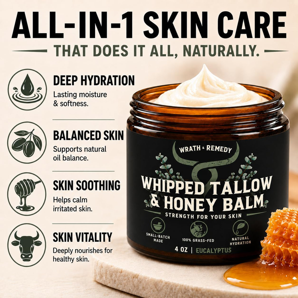 Wrath & Remedy Beef Tallow and Honey Balm, Handcrafted, Unscented, 4 oz