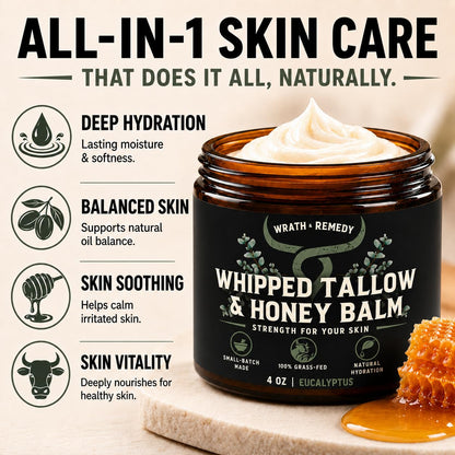 Wrath & Remedy Beef Tallow and Honey Balm, Handcrafted, Unscented, 4 oz