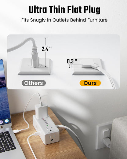 10Ft Long Extension Cord, SUPERDANNY Flat Plug Surge Protector Power Strip