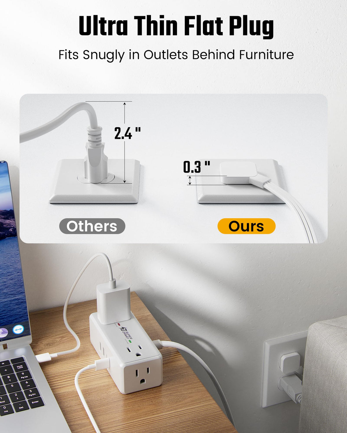 10Ft Long Extension Cord, SUPERDANNY Flat Plug Surge Protector Power Strip