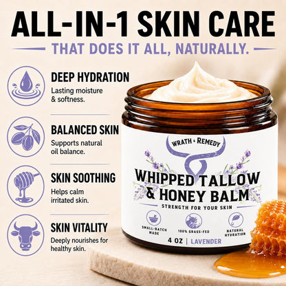 Wrath & Remedy Beef Tallow and Honey Balm, Handcrafted, Unscented, 4 oz