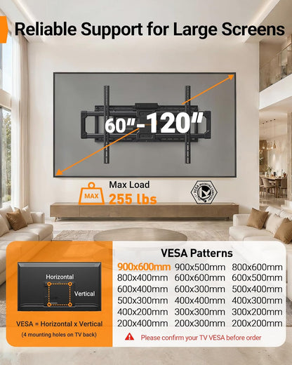 Perlegear Full Motion TV Wall Mount with Power Strip for 60–120 Inch TVs