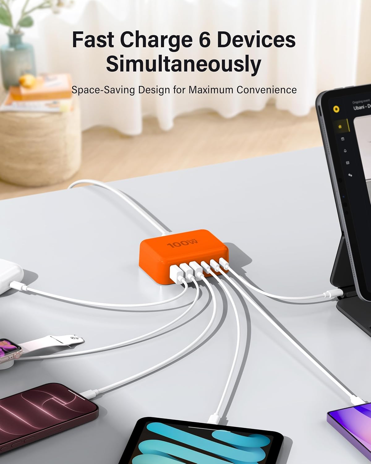 USB Fast Charger Block 50% Smaller 100W Max 6-Port GaN USB Charging Station