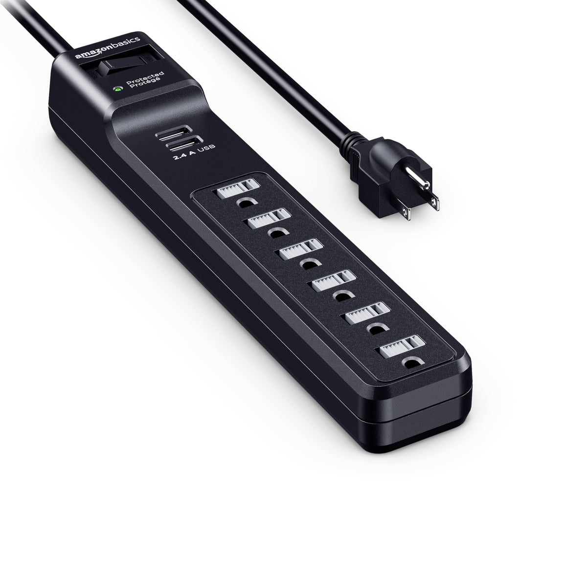 Amazon Basics Surge Protector Power Strip, 6-Outlet, 790 Joules, 6ft Extension Cord, Safety Shutters, White