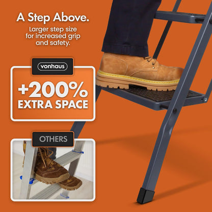 VonHaus 3 Step Ladder – Premium Quality Folding Step Ladder for DIY and Gardening - Anti Slip Feet, Easy to Store Ladder, 150KG Max Capacity - Durable Steel