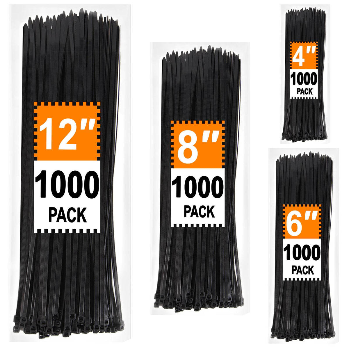 Black Zip Ties Assorted 12+8+6+4 inch, 200 Pack, Cable Ties, UV Resistant Wire Ties for Outdoor Use,Tie Straps, LOCKLOCK