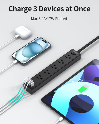 5 Outlets 2 Prong Power Strip with 3USB, 6FT Extension Cord for Old House
