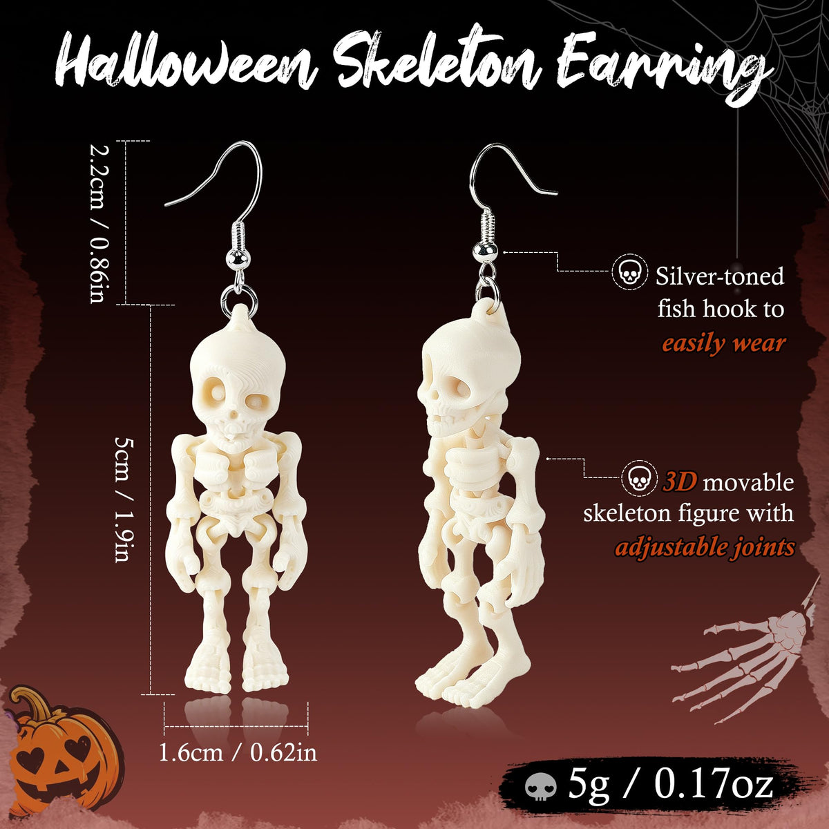 Halloween 3D Skeleton Skull Earrings BOO Ghost Earrings for Women