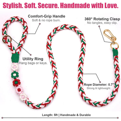 5FT Braided Cotton Rope Leash for Small, Medium and Large Dogs, Red & White Twist