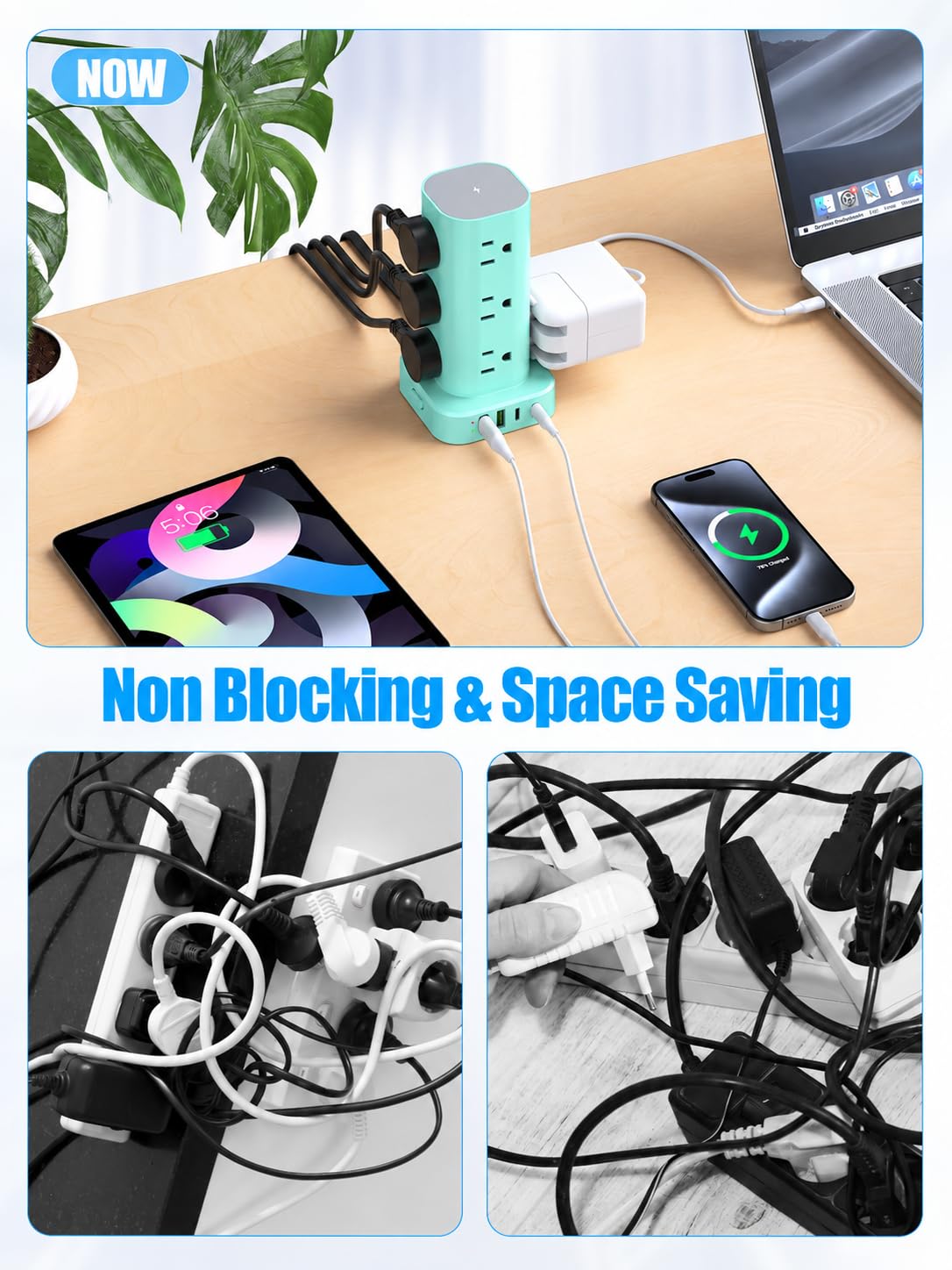 6FT Power Strip Tower Surge Protector, 12 Wide Spaced Outlets, 4 USB