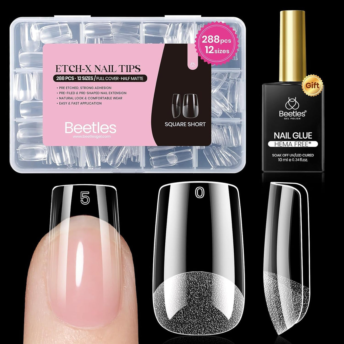 Beetles Soft Gel Nail Kit Almond Short 288pcs 12 Sizes Nail Tips with Glue