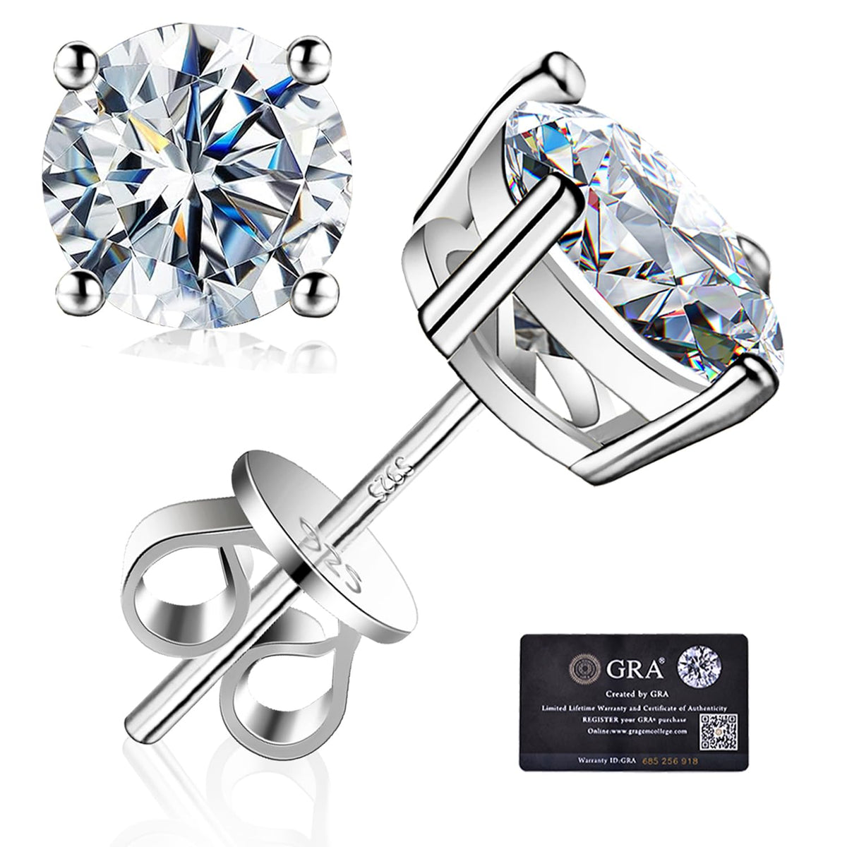 Moissanite Stud Earrings GRA 925 Sterling Silver Earrings for Men