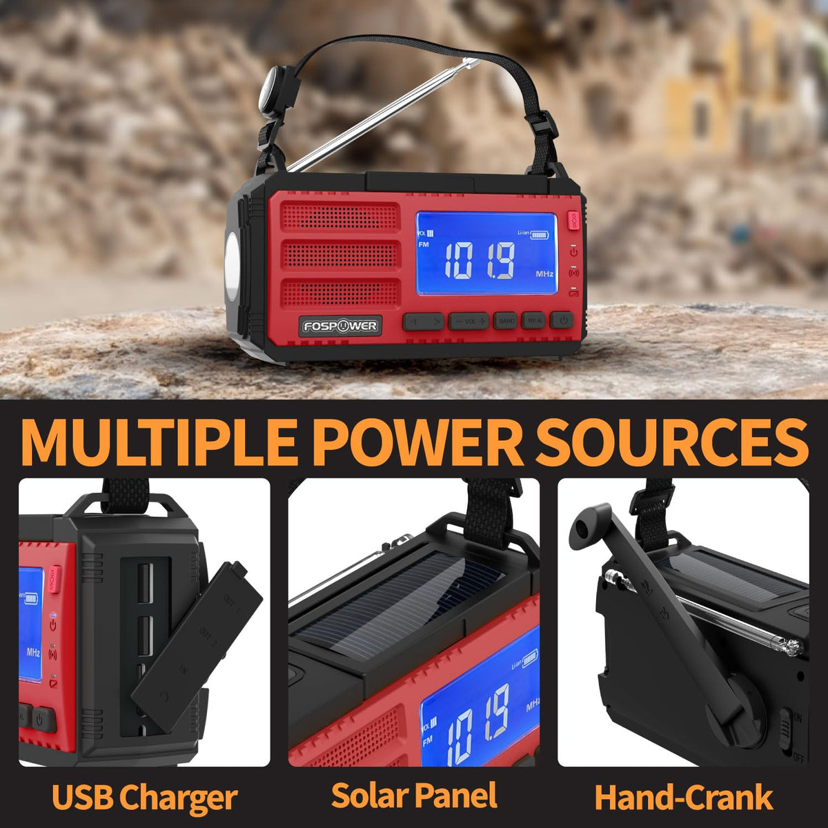 FosPower NOAA Emergency Weather Radio D8 37000mWh Portable Power Bank, AM/FM, USB/Solar/Hand Crank Charging, SOS Alarm & Flashlight for Indoor/Outdoor Emergency - Orange