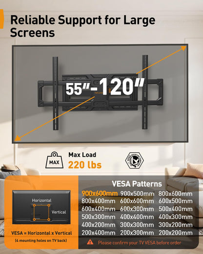 Perlegear Full Motion TV Wall Mount with Power Strip for 60–120 Inch TVs