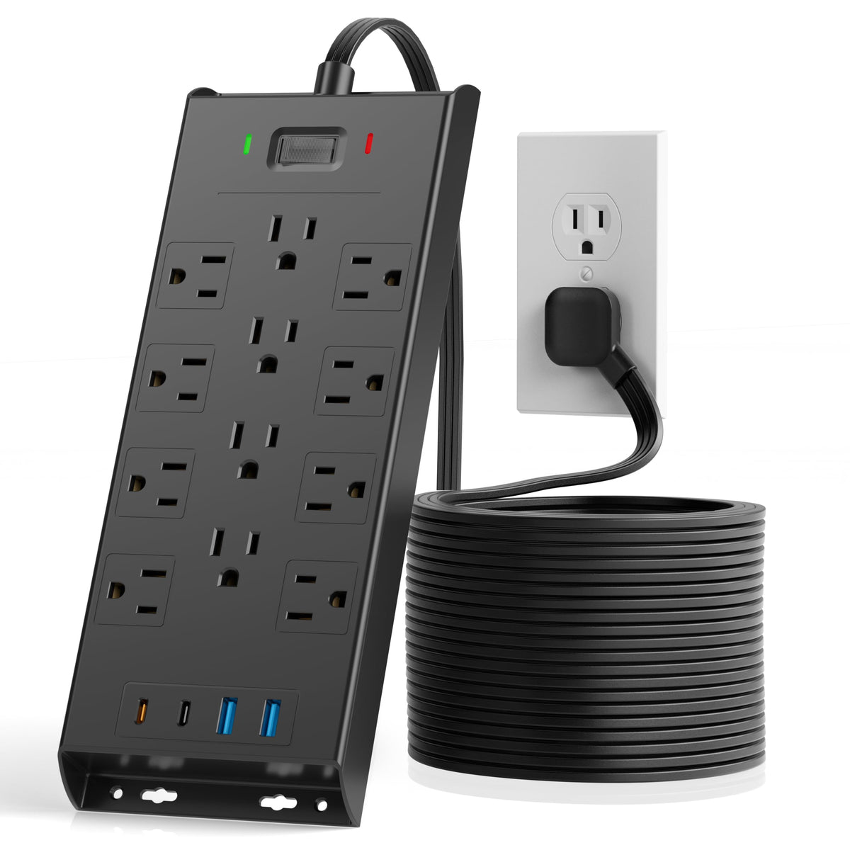 Surge Protector Power Strip 4800J, LeZone 10Ft Long Extension Cord Flat Plug, 20 Outlets 4 USB-A 4 USB-C Ports, Wall Mountable, Home Office Dorm Essentials, Black
