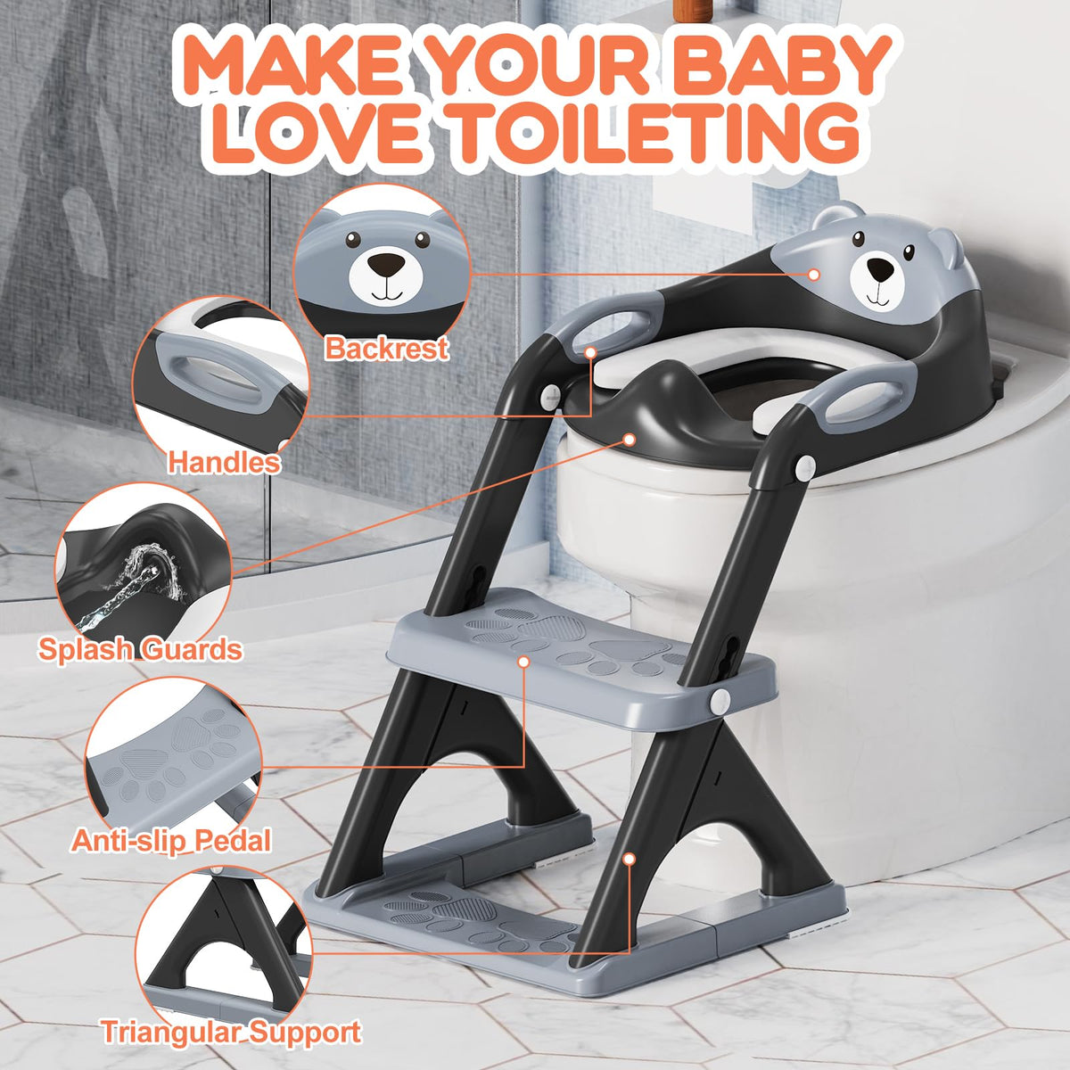 Potty Training Toilet for Toddlers, 2-in-1 Potty Training seat, Anti-Slip (Chocolate, Bear)