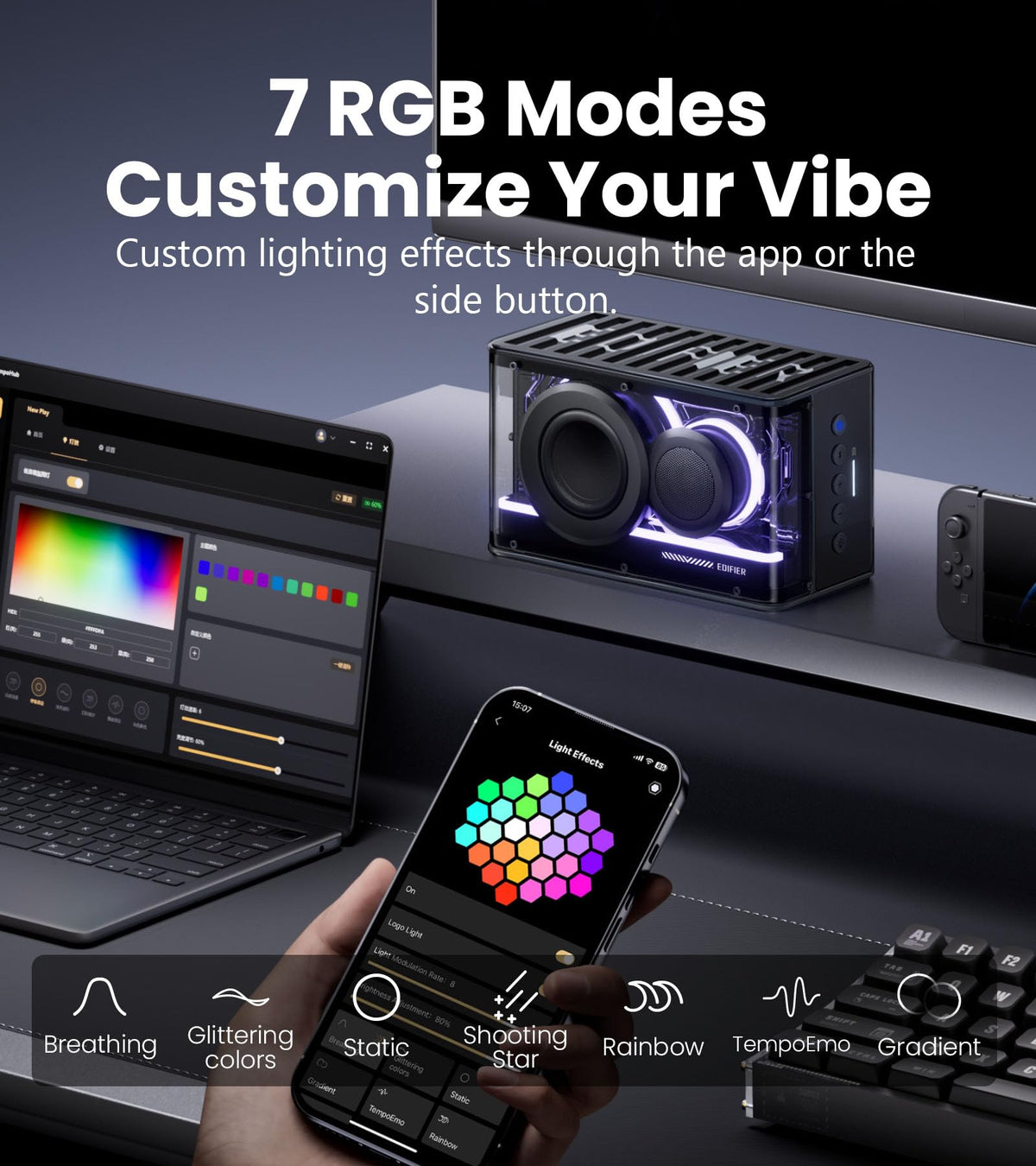 Edifier QD25 Bluetooth Speaker | Portable Desktop Audio, 25W (RMS) Dynamic Sound, Hi-Res Audio, Splendid Light Effects, 15H Playtime, Bluetooth 6.0, Wireless Stereo Pairing, White