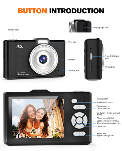 Digital Camera 4K 64MP Portable Vlogging Camera with 32GB SD Card