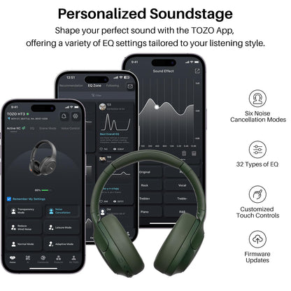 TOZO HT3 Hybrid Noise Cancelling Wireless Headphones, 90H Over Ear Headset