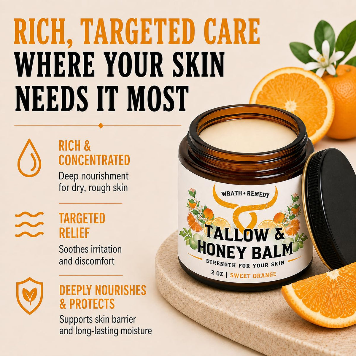 Wrath & Remedy Beef Tallow and Honey Balm, Handcrafted, Unscented, 4 oz