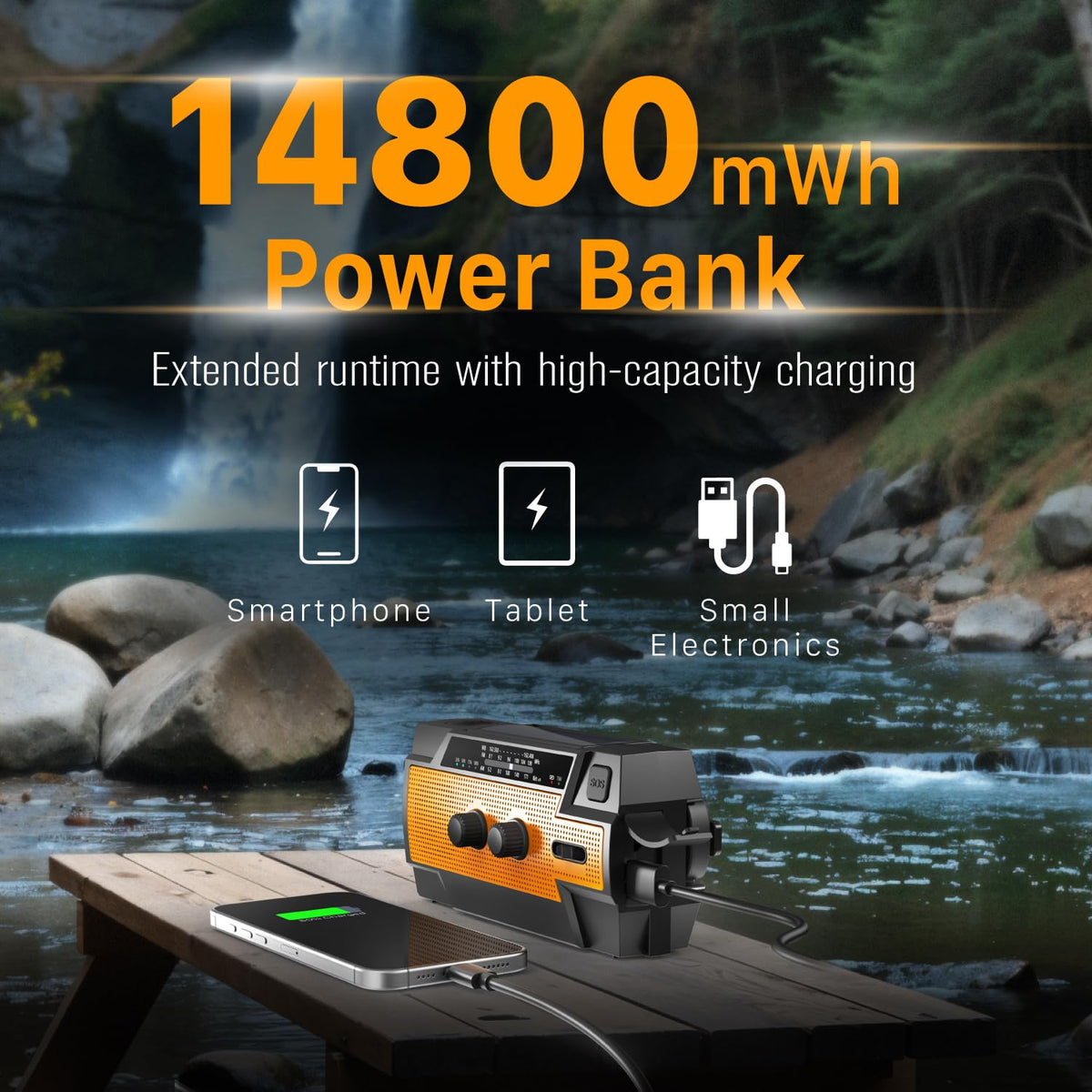 FosPower NOAA Emergency Weather Radio D8 37000mWh Portable Power Bank, AM/FM, USB/Solar/Hand Crank Charging, SOS Alarm & Flashlight for Indoor/Outdoor Emergency - Orange
