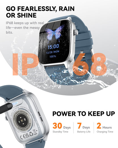 Smart Watch for Men Women- Answer/Make Call, 2024 IP68 Waterproof Fitness Tracker Watch with Sleep Step Counter Activity Smartwatch for Samsung Android iPhone iOS (Black-Blue, 1.83)