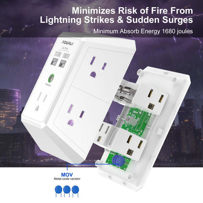 Multi Plug Wall Outlet Night Light, POWRUI 6 Outlet Extender & 3 USB Ports
